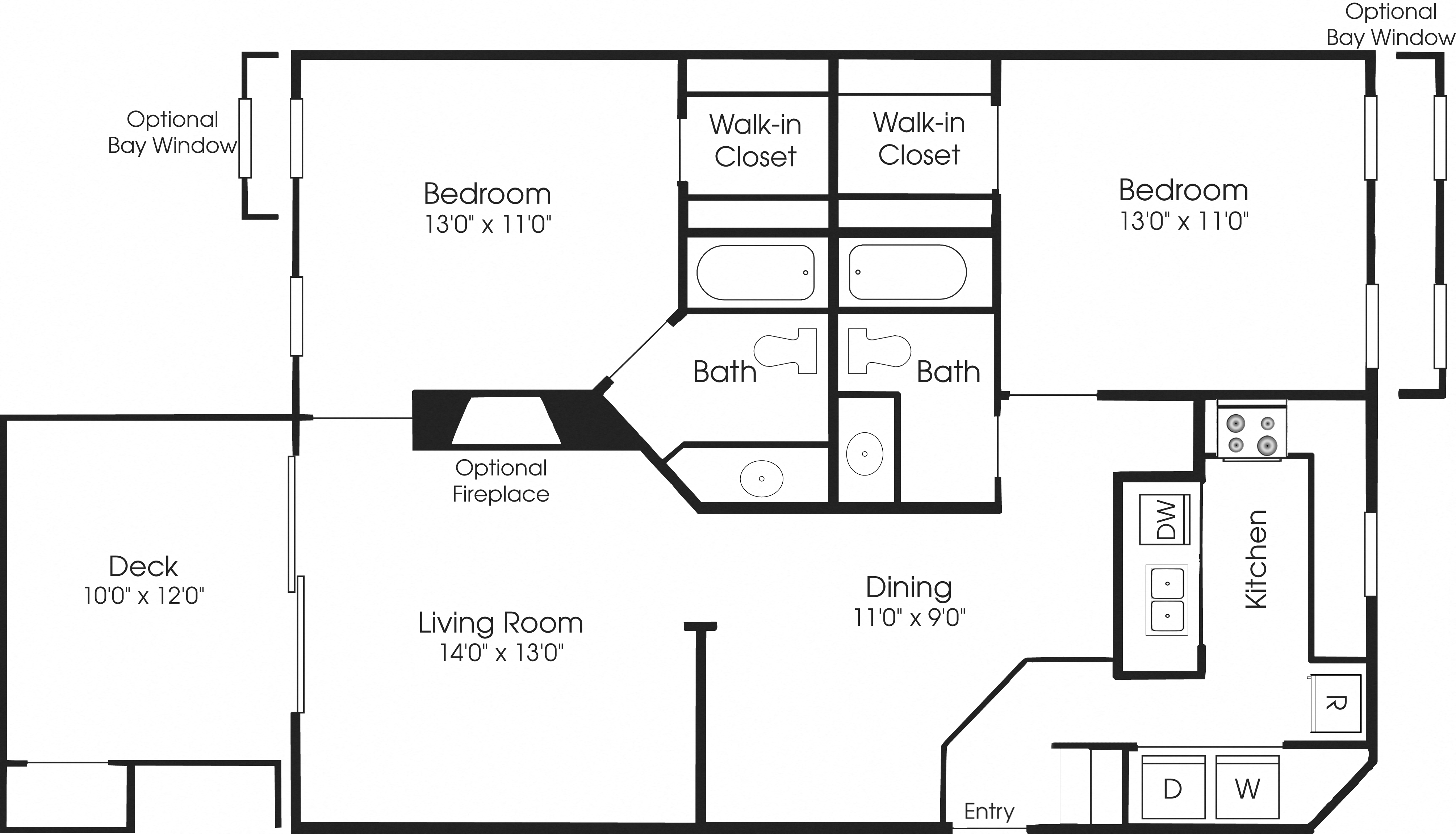 Floor plan for 2 beds, 2 baths, 1143 sqft